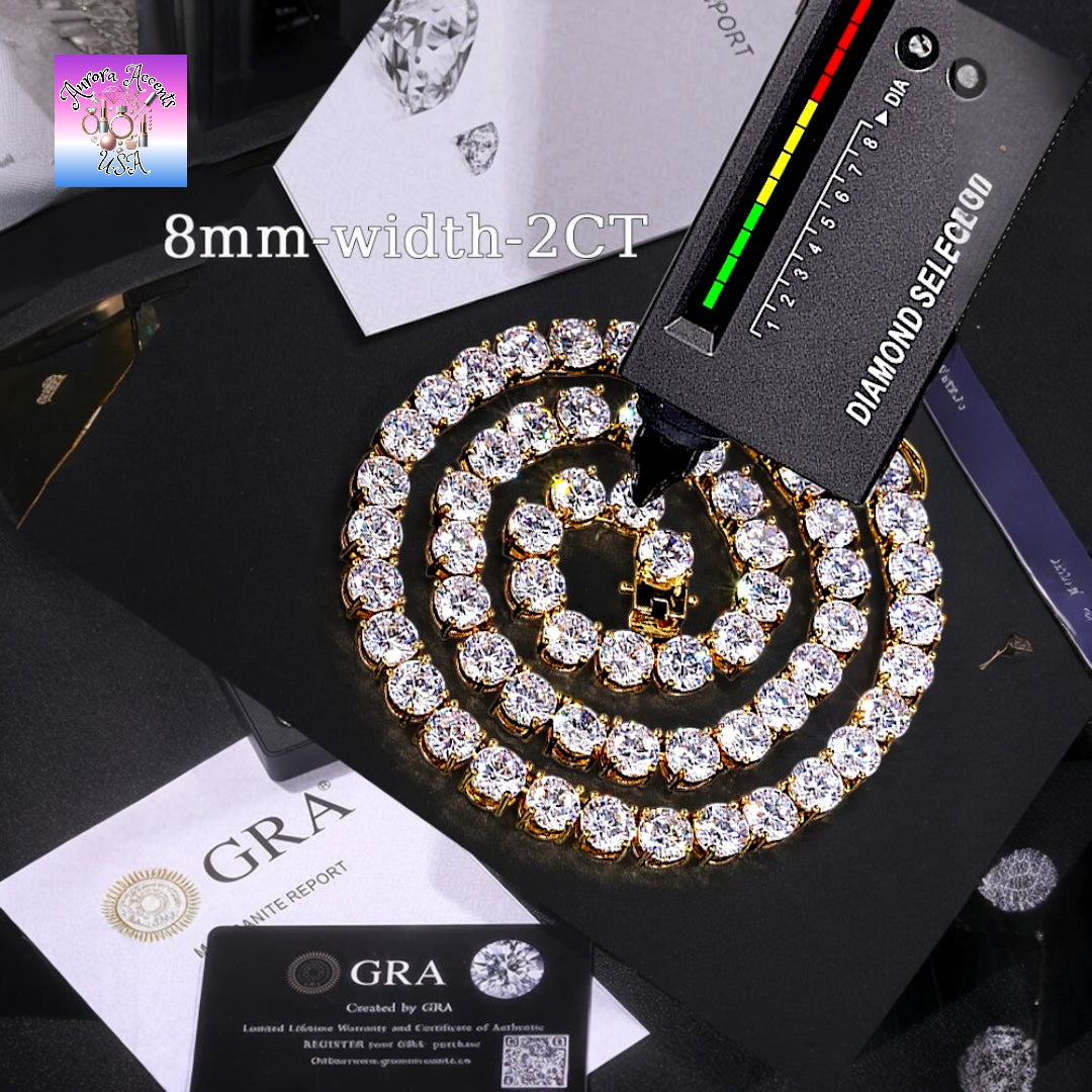 VVS1 Moissanite Tennis Chain – GRA Certified, 925 Sterling Silver/ Plated 18K Gold, 16"-24" Ships from USA