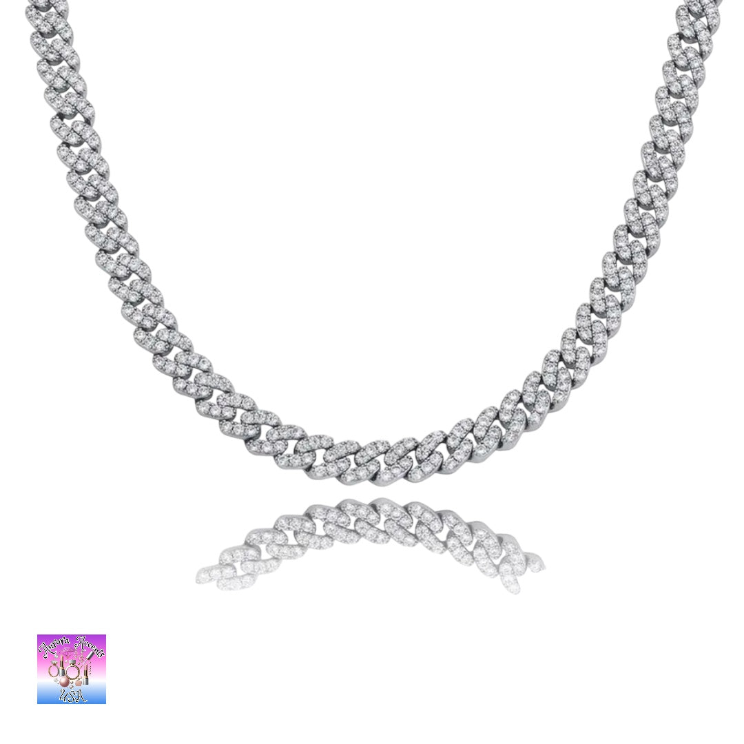 8mm Full Iced Out Cuban Link Chain Necklace – Cubic Zirconia, Multiple Colors & Sizes, Unisex Hip Hop Jewelry
