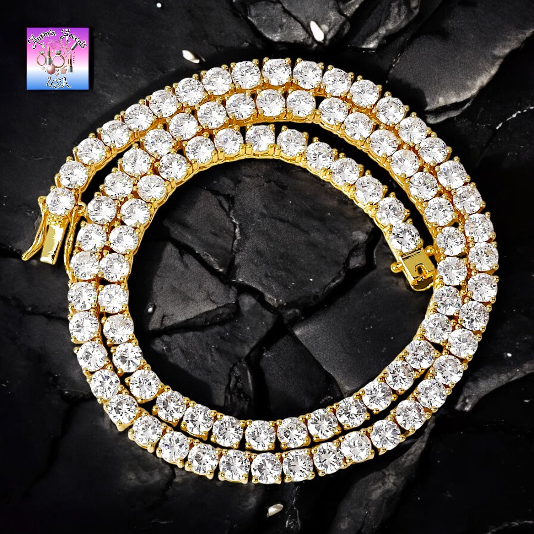 24K Gold Plated Tennis Chain Necklace – 5A Cubic Zirconia, Hip Hop Style, 18”-30” Lengths, Durable Copper Build
