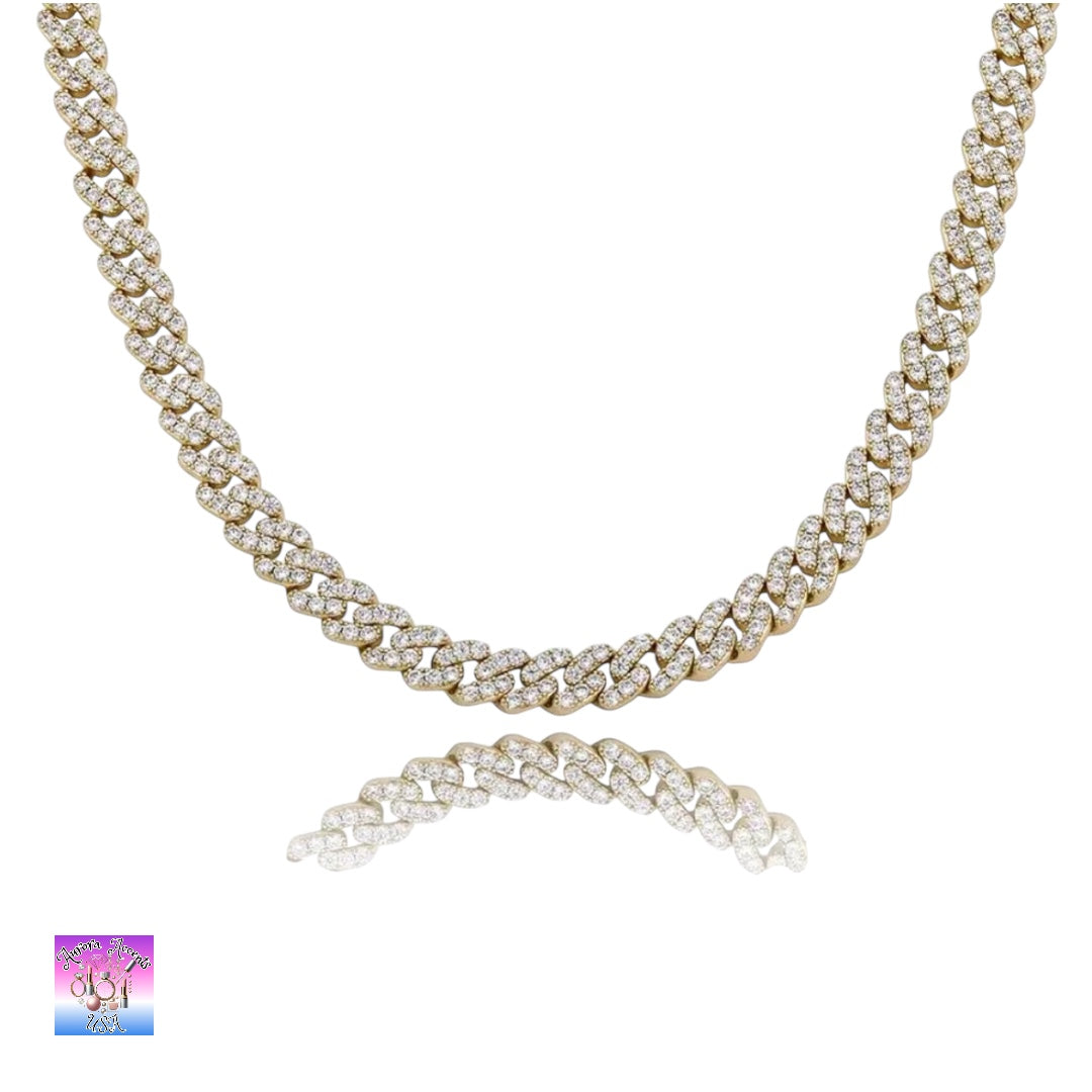 8mm Full Iced Out Cuban Link Chain Necklace – Cubic Zirconia, Multiple Colors & Sizes, Unisex Hip Hop Jewelry