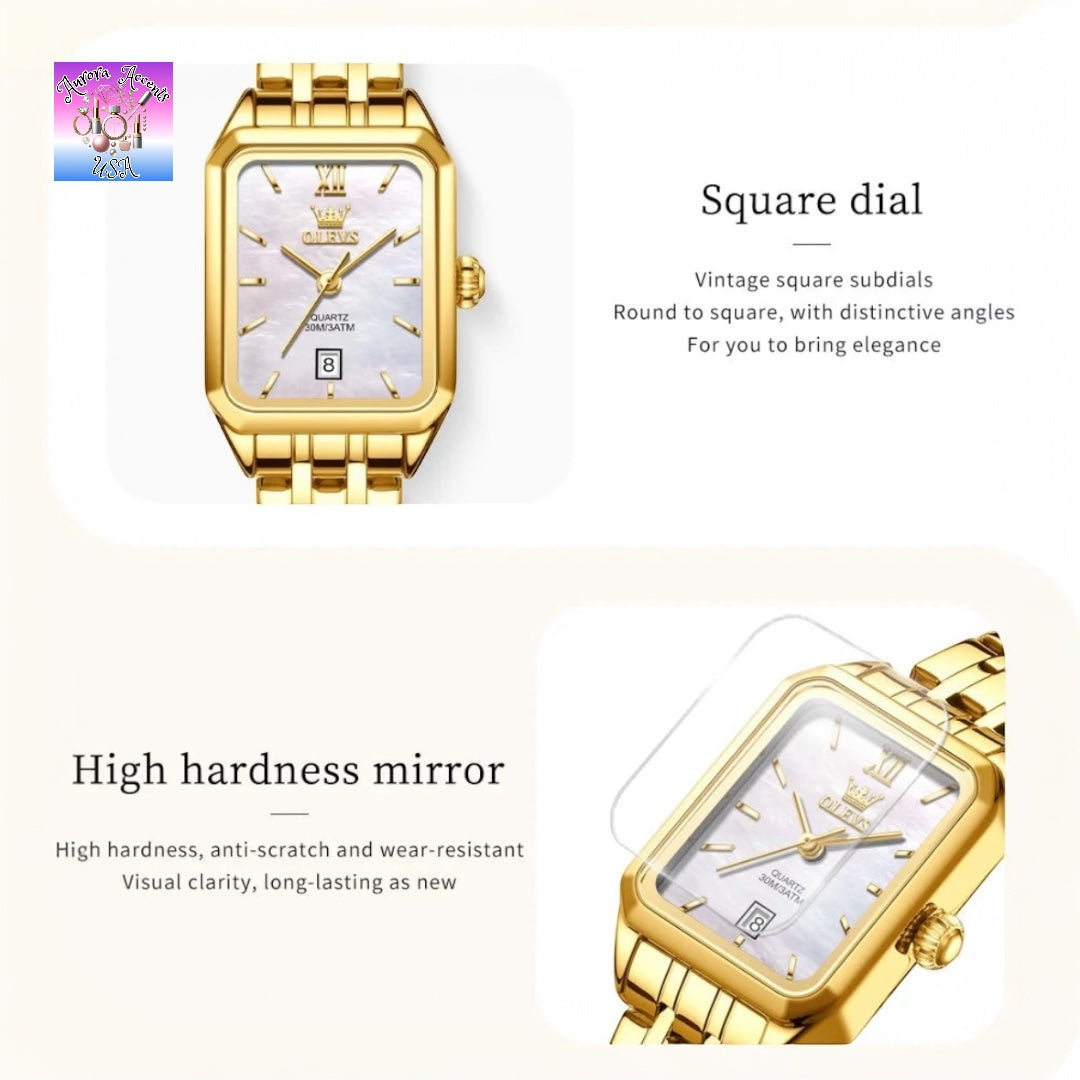 OLEVS Women's Luxury Gold Watch – Waterproof, Stainless Steel, Quartz Movement, Elegant Square Dial, Trendy & Stylish Design