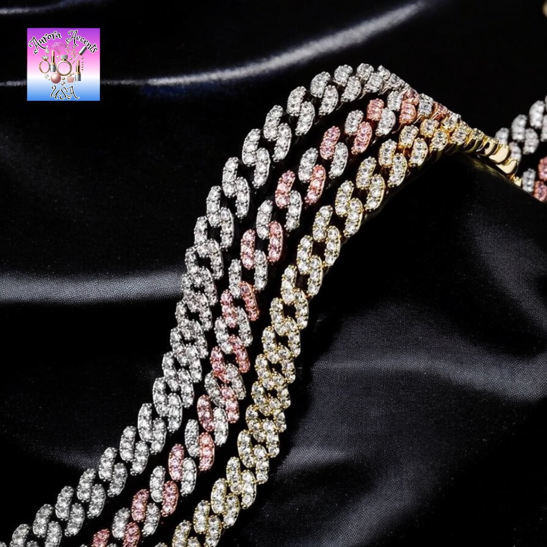 8mm Full Iced Out Cuban Link Chain Necklace – Cubic Zirconia, Multiple Colors & Sizes, Unisex Hip Hop Jewelry