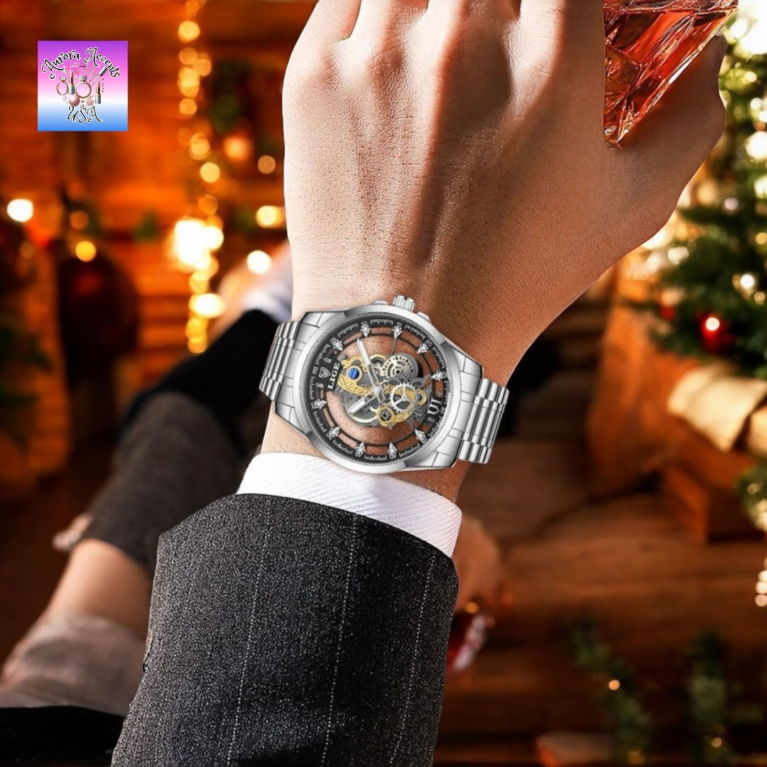 LIGE Luxury Skeleton Watch – Quartz, Waterproof, Stainless Steel, Fashion & Business Men's Watch