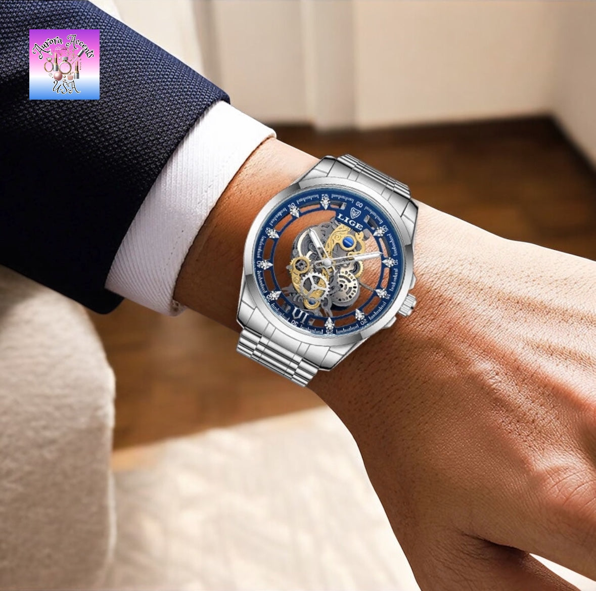 LIGE Luxury Skeleton Watch – Quartz, Waterproof, Stainless Steel, Fashion & Business Men's Watch