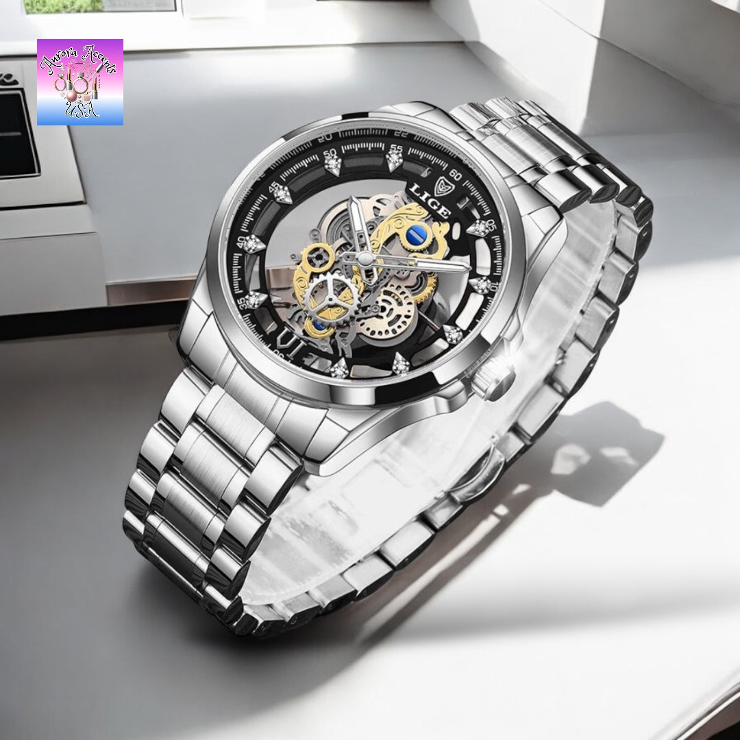 LIGE Luxury Skeleton Watch – Quartz, Waterproof, Stainless Steel, Fashion & Business Men's Watch