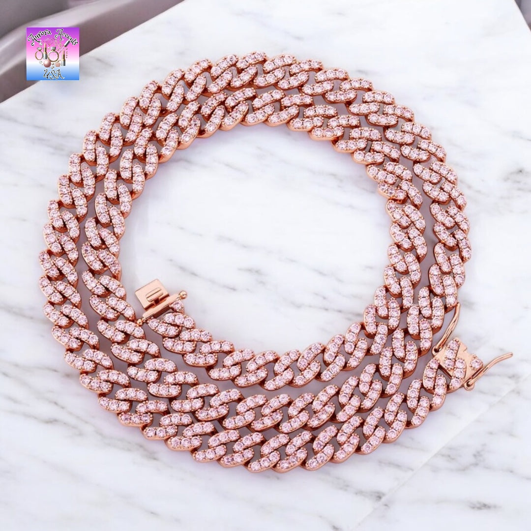 8mm Full Iced Out Cuban Link Chain Necklace – Cubic Zirconia, Multiple Colors & Sizes, Unisex Hip Hop Jewelry