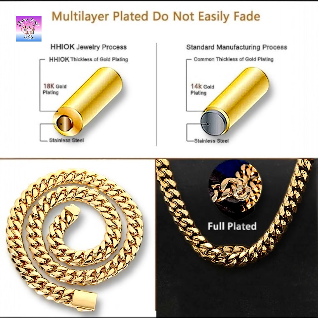 18K Stamped Cuban Link Chain – Gold or Silver, Stainless Steel, Waterproof, Hip-Hop Jewelry