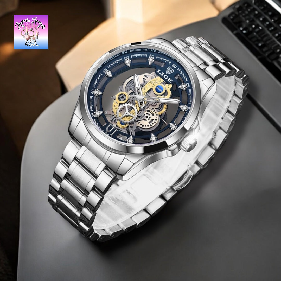 LIGE Luxury Skeleton Watch – Quartz, Waterproof, Stainless Steel, Fashion & Business Men's Watch