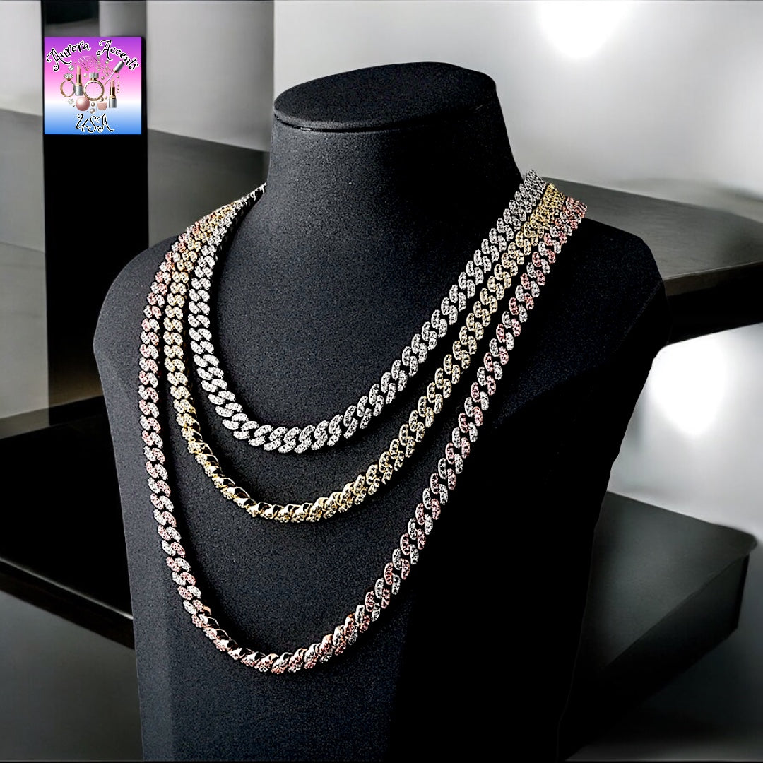8mm Full Iced Out Cuban Link Chain Necklace – Cubic Zirconia, Multiple Colors & Sizes, Unisex Hip Hop Jewelry