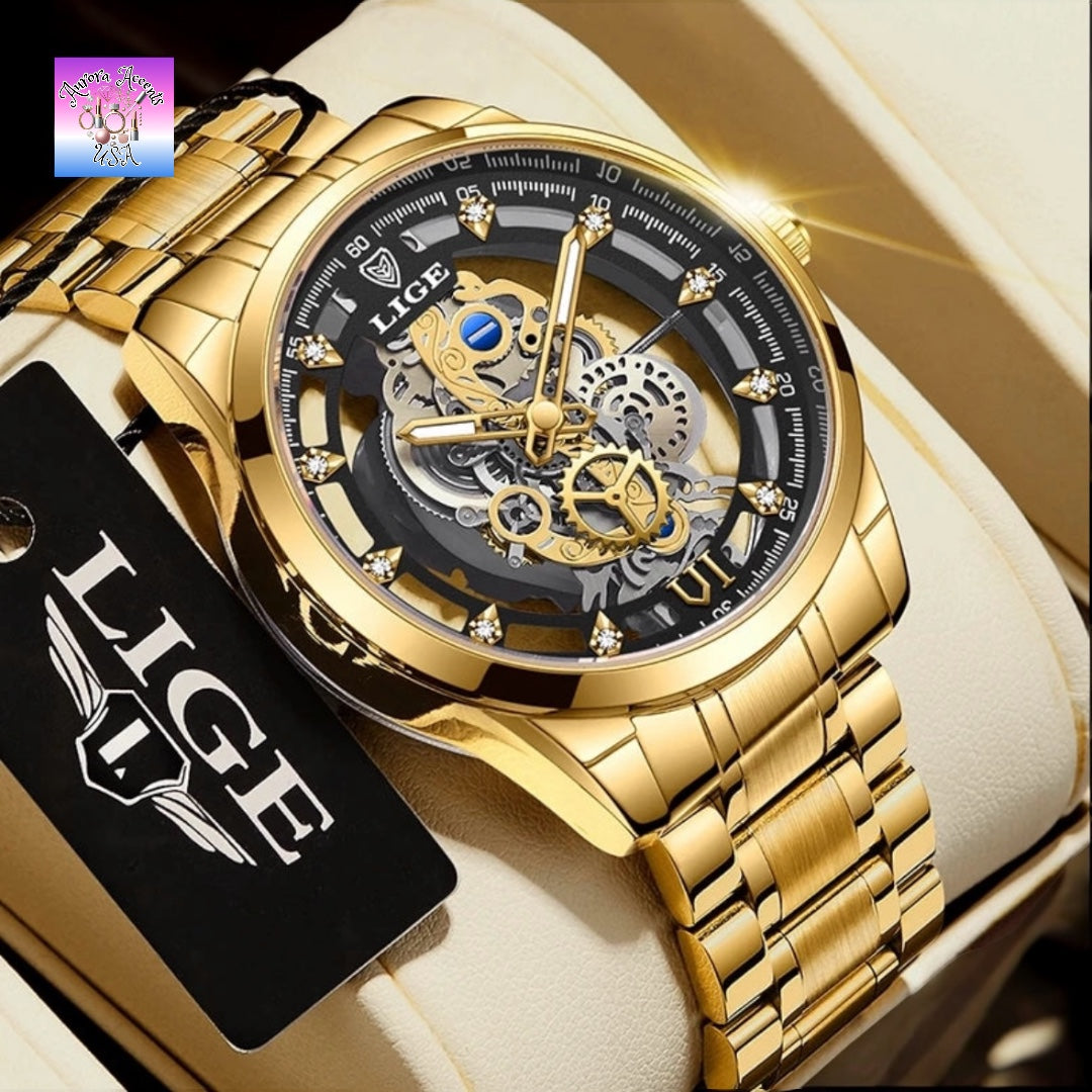 LIGE Luxury Skeleton Watch – Quartz, Waterproof, Stainless Steel, Fashion & Business Men's Watch