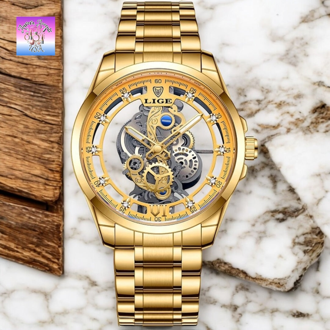 LIGE Luxury Skeleton Watch – Quartz, Waterproof, Stainless Steel, Fashion & Business Men's Watch