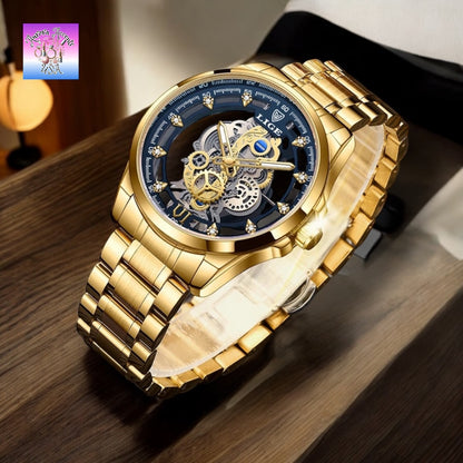LIGE Luxury Skeleton Watch – Quartz, Waterproof, Stainless Steel, Fashion & Business Men's Watch