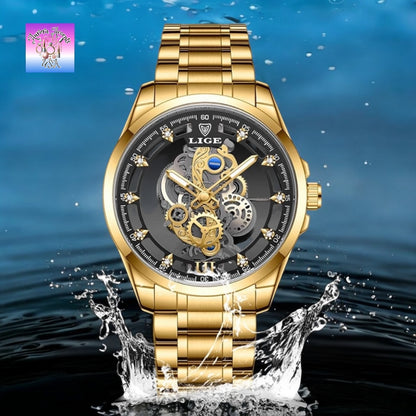 LIGE Luxury Skeleton Watch – Quartz, Waterproof, Stainless Steel, Fashion & Business Men's Watch