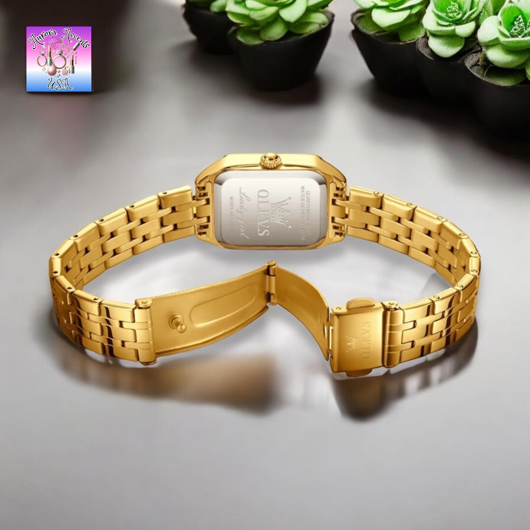 OLEVS Women's Luxury Gold Watch – Waterproof, Stainless Steel, Quartz Movement, Elegant Square Dial, Trendy & Stylish Design