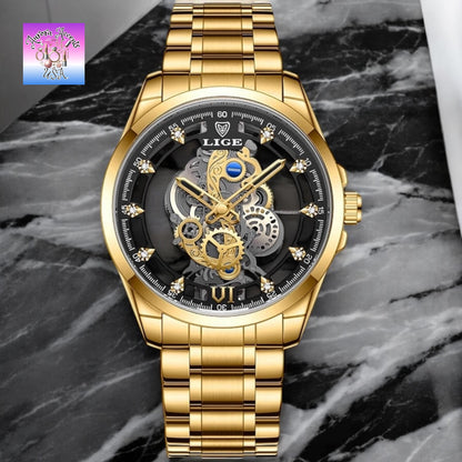 LIGE Luxury Skeleton Watch – Quartz, Waterproof, Stainless Steel, Fashion & Business Men's Watch