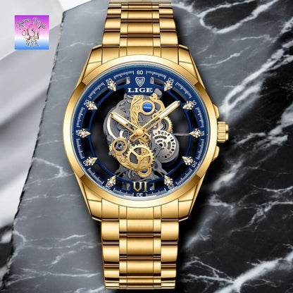 LIGE Luxury Skeleton Watch – Quartz, Waterproof, Stainless Steel, Fashion & Business Men's Watch