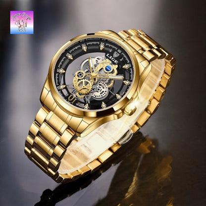 LIGE Luxury Skeleton Watch – Quartz, Waterproof, Stainless Steel, Fashion & Business Men's Watch