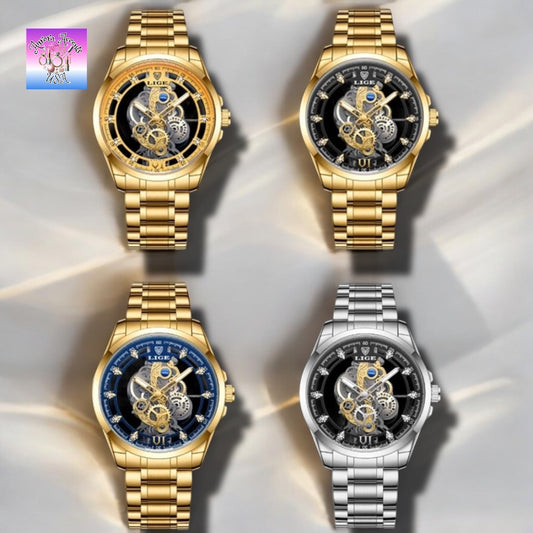LIGE Luxury Skeleton Watch – Quartz, Waterproof, Stainless Steel, Fashion & Business Men's Watch