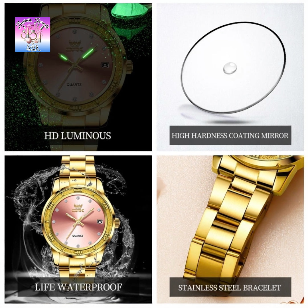 OPK Luxury Women's Gold Watch – Waterproof, Luminous, Quartz Stainless Steel Bracelet, Elegant & Stylish Design