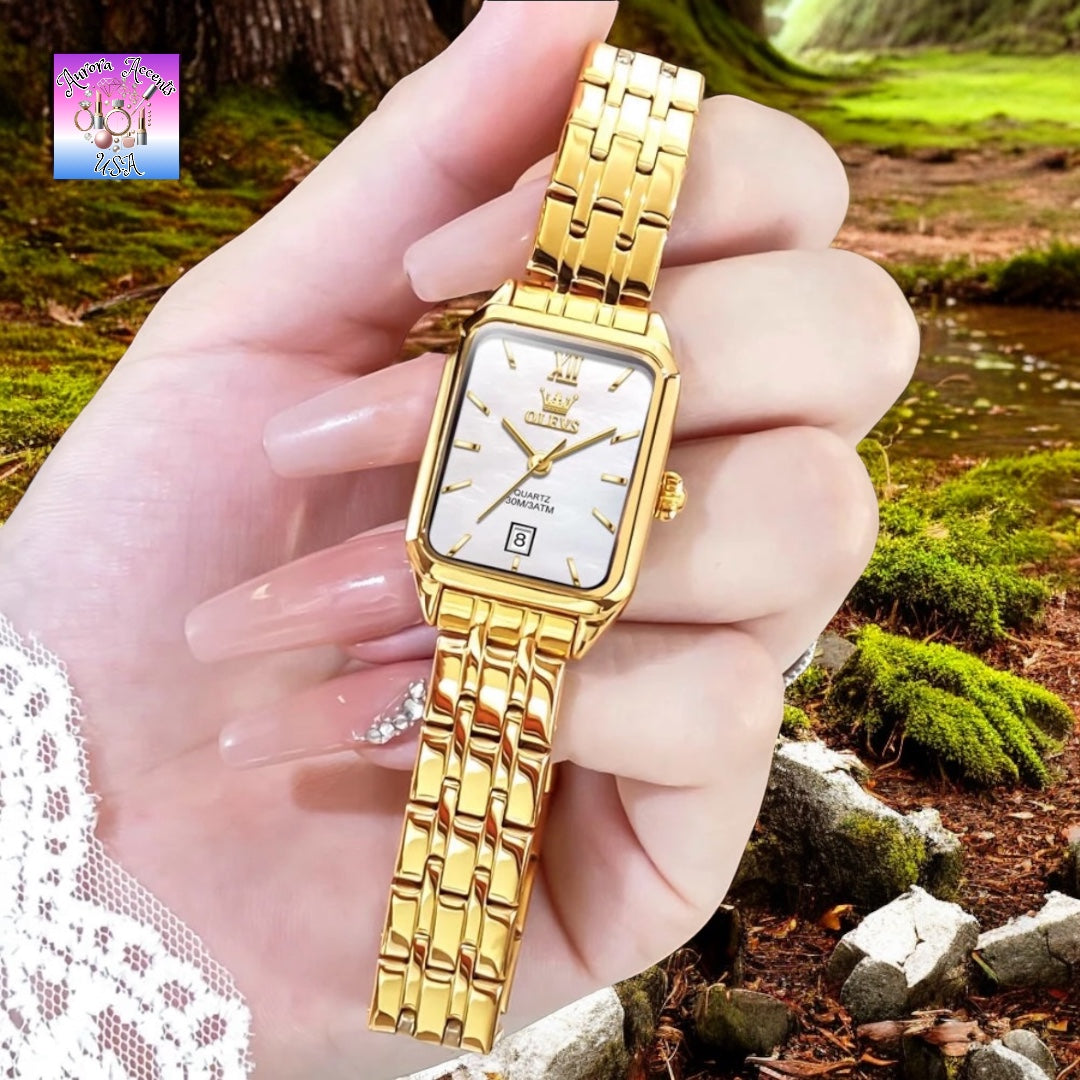 OLEVS Women's Luxury Gold Watch – Waterproof, Stainless Steel, Quartz Movement, Elegant Square Dial, Trendy & Stylish Design