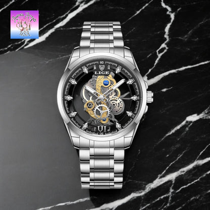 LIGE Luxury Skeleton Watch – Quartz, Waterproof, Stainless Steel, Fashion & Business Men's Watch