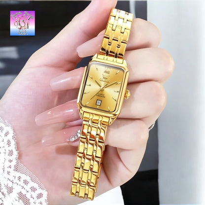 OLEVS Women's Luxury Gold Watch – Waterproof, Stainless Steel, Quartz Movement, Elegant Square Dial, Trendy & Stylish Design