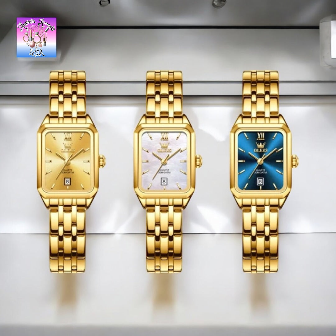 OLEVS Women's Luxury Gold Watch – Waterproof, Stainless Steel, Quartz Movement, Elegant Square Dial, Trendy & Stylish Design