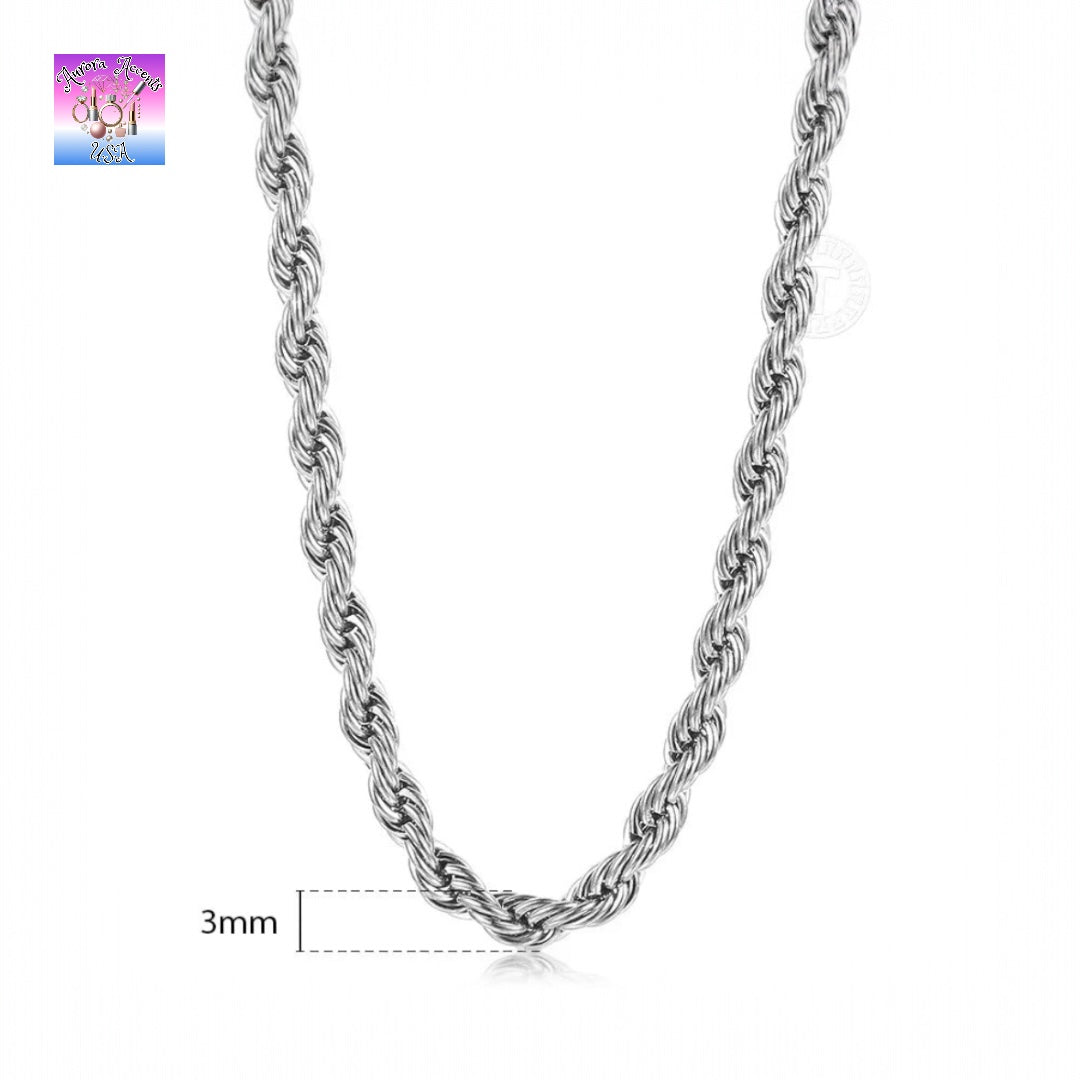 Twisted Rope Link Chain Necklace – Stainless Steel, 3mm/5mm/7mm Widths, 40cm-75cm Lengths – Unisex Jewelry for Men & Women