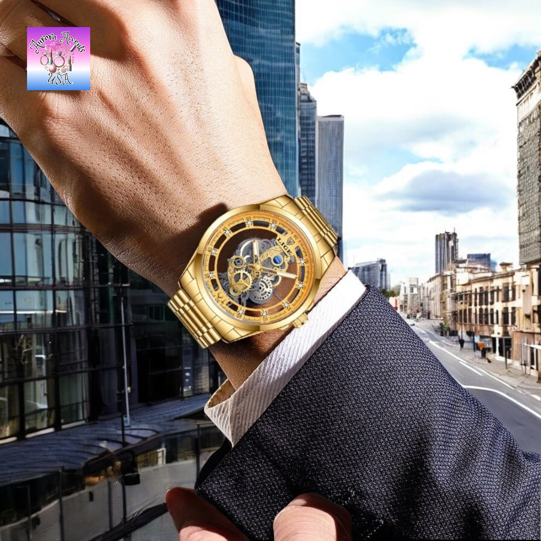LIGE Luxury Skeleton Watch – Quartz, Waterproof, Stainless Steel, Fashion & Business Men's Watch