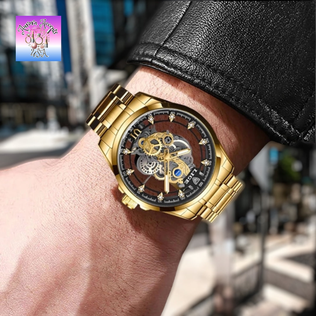 LIGE Luxury Skeleton Watch – Quartz, Waterproof, Stainless Steel, Fashion & Business Men's Watch