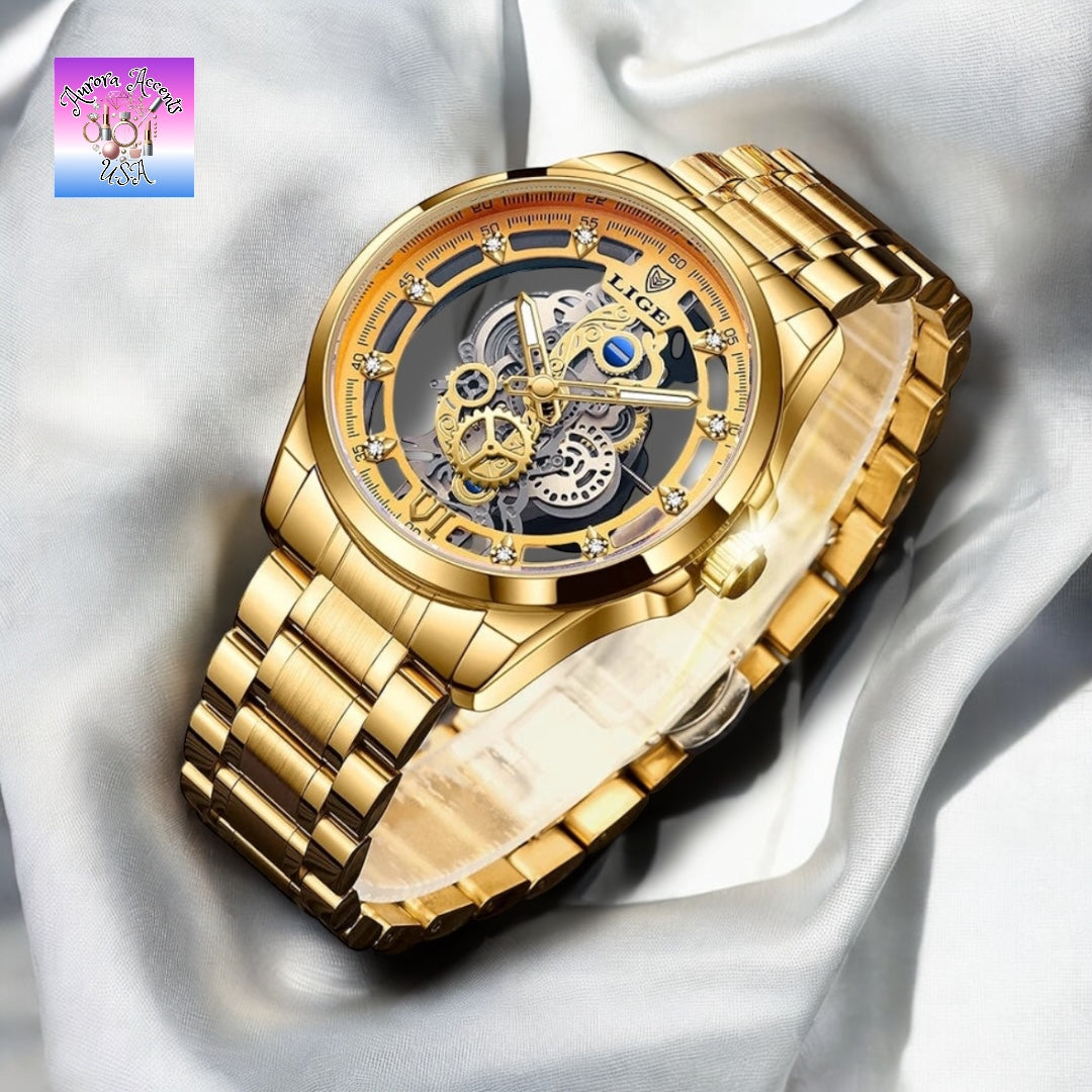 LIGE Luxury Skeleton Watch – Quartz, Waterproof, Stainless Steel, Fashion & Business Men's Watch