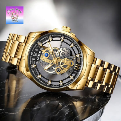 LIGE Luxury Skeleton Watch – Quartz, Waterproof, Stainless Steel, Fashion & Business Men's Watch