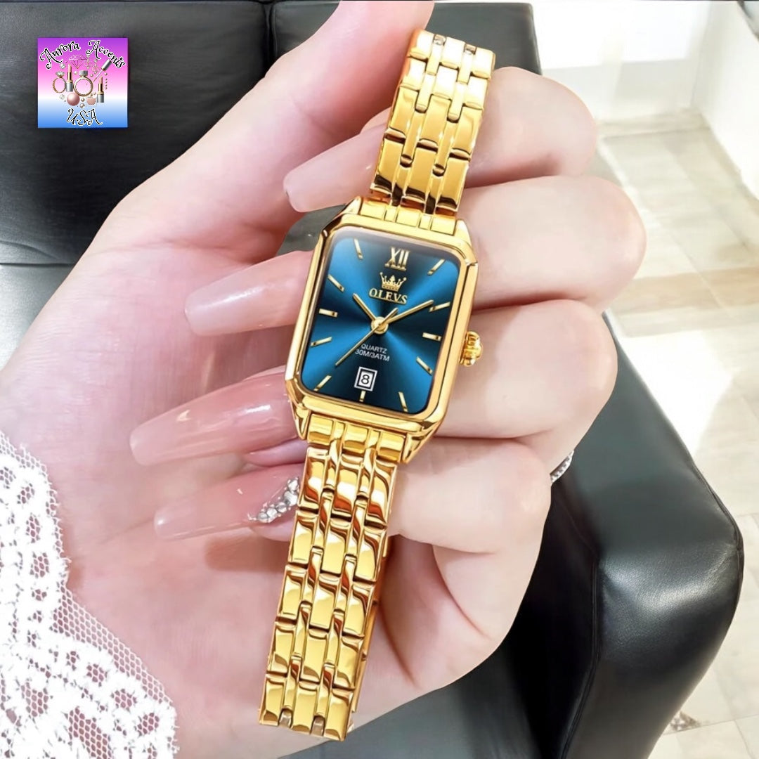 OLEVS Women's Luxury Gold Watch – Waterproof, Stainless Steel, Quartz Movement, Elegant Square Dial, Trendy & Stylish Design