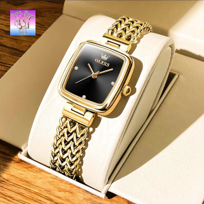 OLEVS Women's Luxury Gold Watch – Waterproof, Stainless Steel, Quartz Movement, Elegant Square Dial, Trendy & Stylish Design
