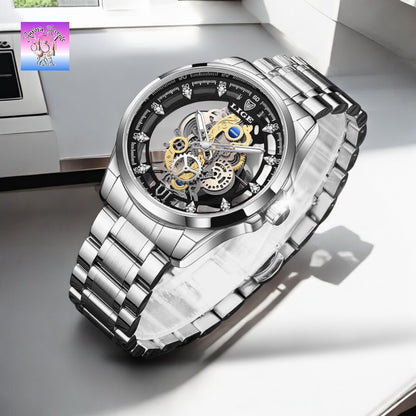 LIGE Luxury Skeleton Watch – Quartz, Waterproof, Stainless Steel, Fashion & Business Men's Watch