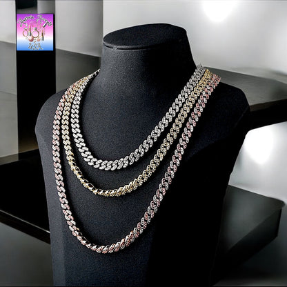 8mm Full Iced Out Cuban Link Chain Necklace – Cubic Zirconia, Multiple Colors & Sizes, Unisex Hip Hop Jewelry