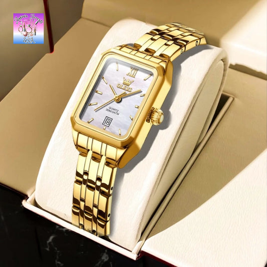 OLEVS Women's Luxury Gold Watch – Waterproof, Stainless Steel, Quartz Movement, Elegant Square Dial, Trendy & Stylish Design